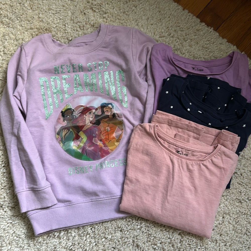 Disney sweatshirt & 3 long sleeve tops - 6 year old